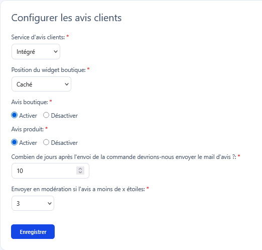 Formulaire de configuration du service d'avis intégré