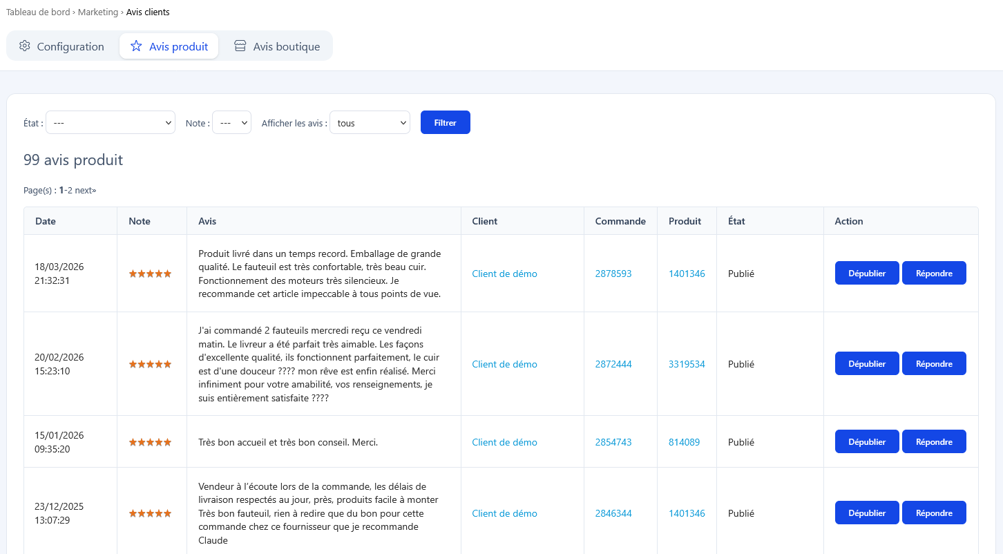 Interface de gestion et de modération des avis clients