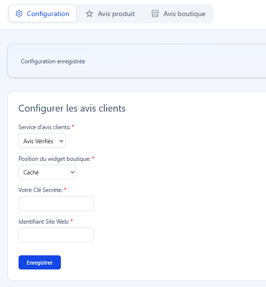 Formulaire de configuration du service Avis Vérifiés